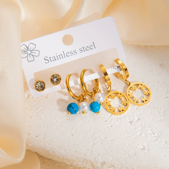Titanium Steel Geometric Earrings For Women With Blue Turquoise Hollow Round Star Shape Electroplated