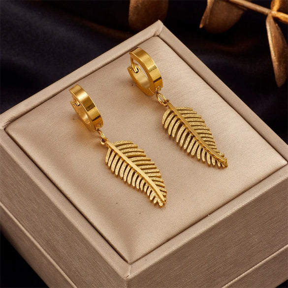 Titanium Steel Geometric Feather Pendant Jewelry Electroplated Women's Ear Studs Simple Natural Style