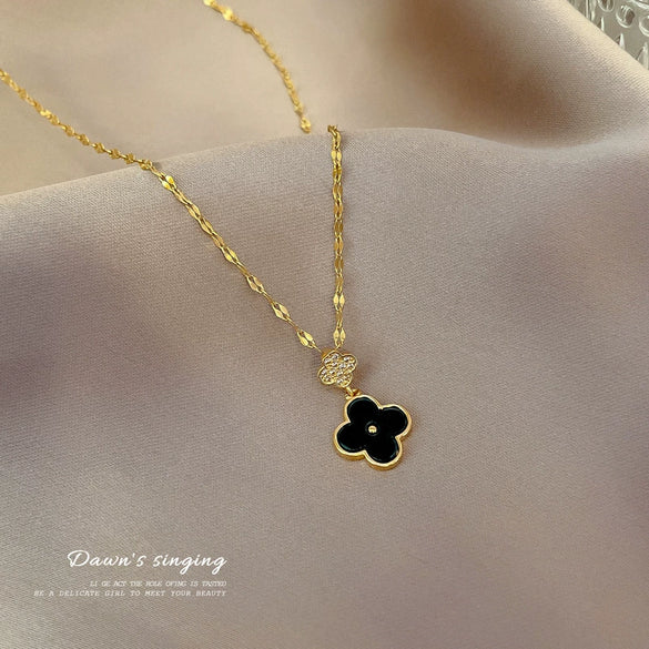 Titanium Steel Geometric Four Leaf Flower Pendant Necklace With Micro Inlaid Zircon And Tassel Detail Casual Cartoon Jewelry
