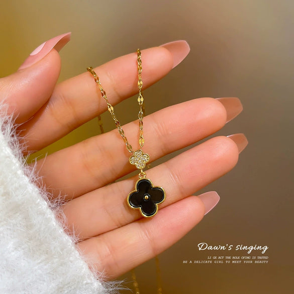 Titanium Steel Geometric Four Leaf Flower Pendant Necklace With Micro Inlaid Zircon And Tassel Detail Casual Cartoon Jewelry