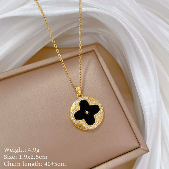 Titanium Steel Geometric Four Leaf Flower Zircon Electroplating Women's Necklace Earrings Set