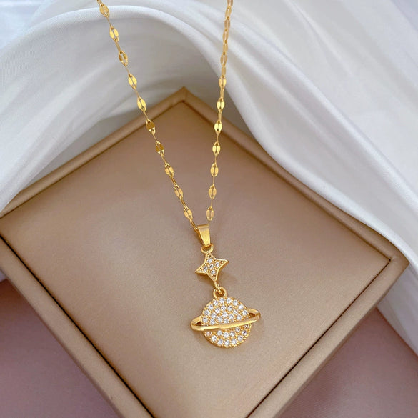 Titanium Steel Geometric Full Diamond Happy Planet Necklace For Women