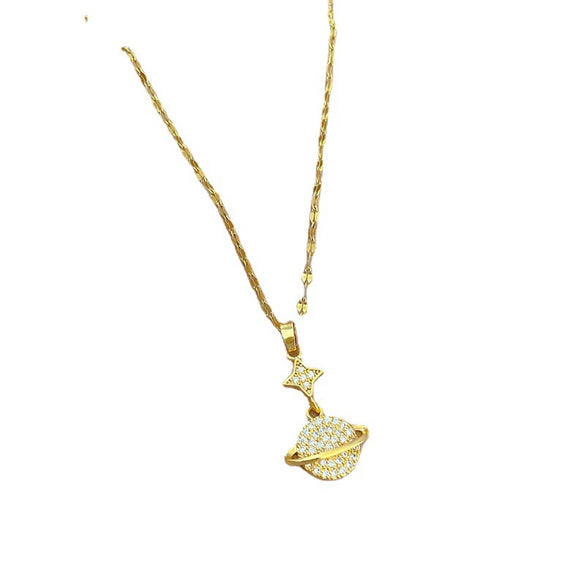 Titanium Steel Geometric Full Diamond Happy Planet Necklace For Women
