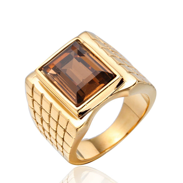 Titanium Steel Geometric Gem Inlay Ring With Great Wall Pattern Electroplated Unisex Statement Band