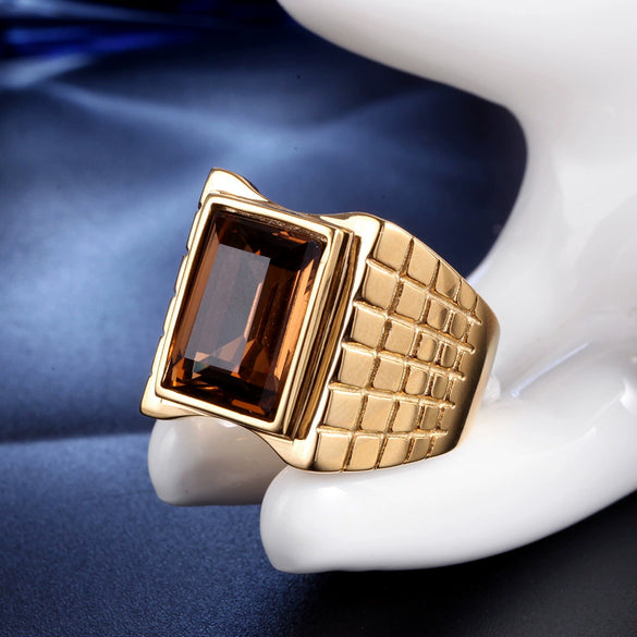 Titanium Steel Geometric Gem Inlay Ring With Great Wall Pattern Electroplated Unisex Statement Band