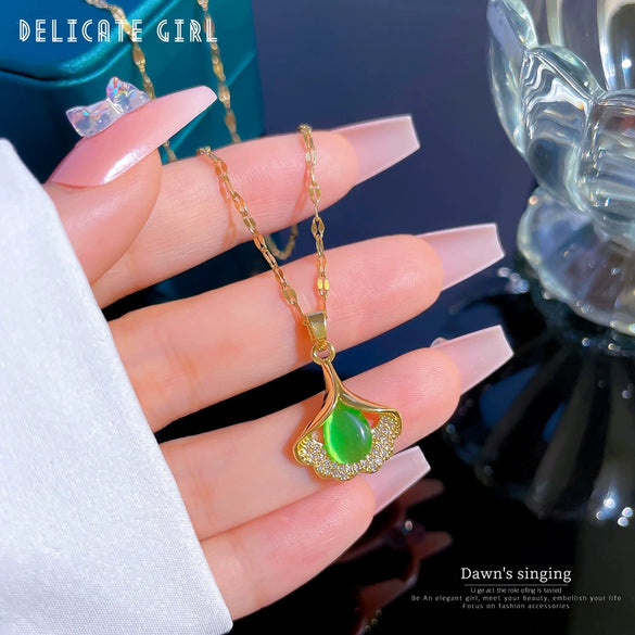 Titanium Steel Geometric Ginkgo Leaf Microinlaid True Gold Women's Necklace