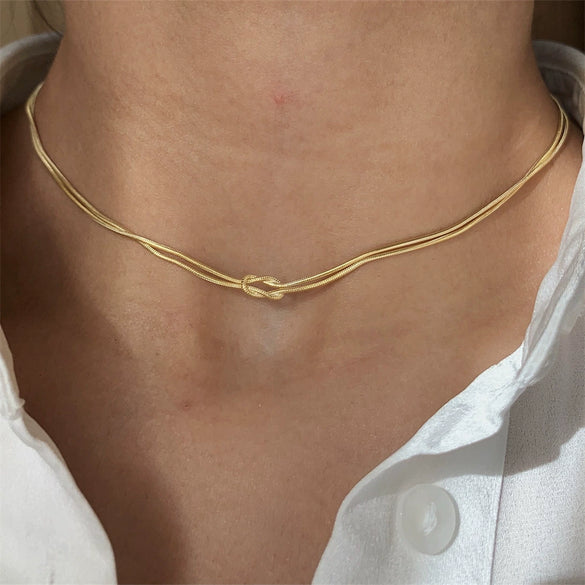 Titanium Steel Geometric Hand Knotted Necklace And Herringbone Bracelet Gold Plated Jewelry
