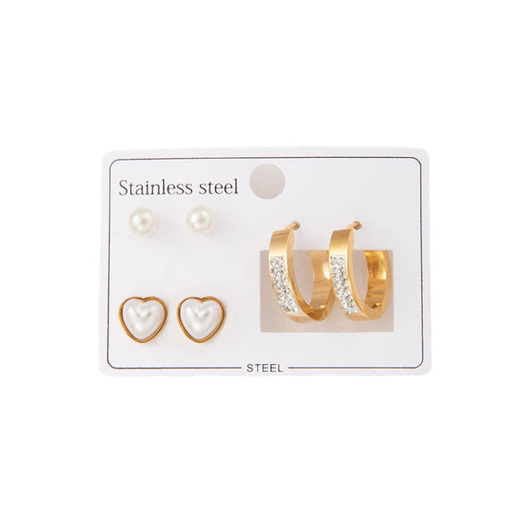 Titanium Steel Geometric Heart Earrings For Women With Electroplating And Pearl Zircon Design