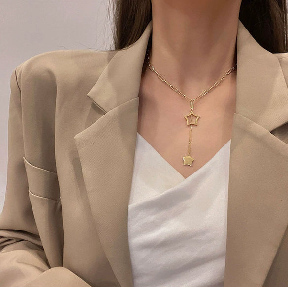 Titanium Steel Geometric Hollow Fivepointed Star Tassel Pendant Necklace For Women