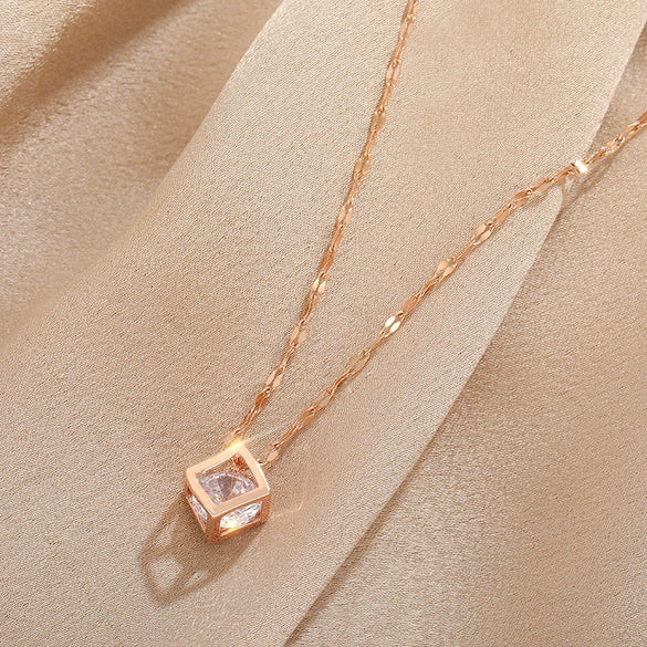 Titanium Steel Geometric Hollow Square Zircon Pendant With Water Wave Chain Electroplated Women's Clavicle Chain Necklace