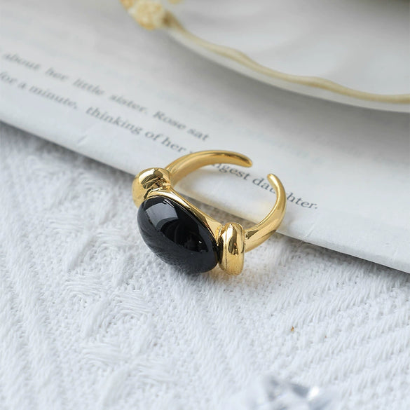 Titanium Steel Geometric Inlaid Oval Black Gem Open Ring For Women Light Luxury Electroplating Design