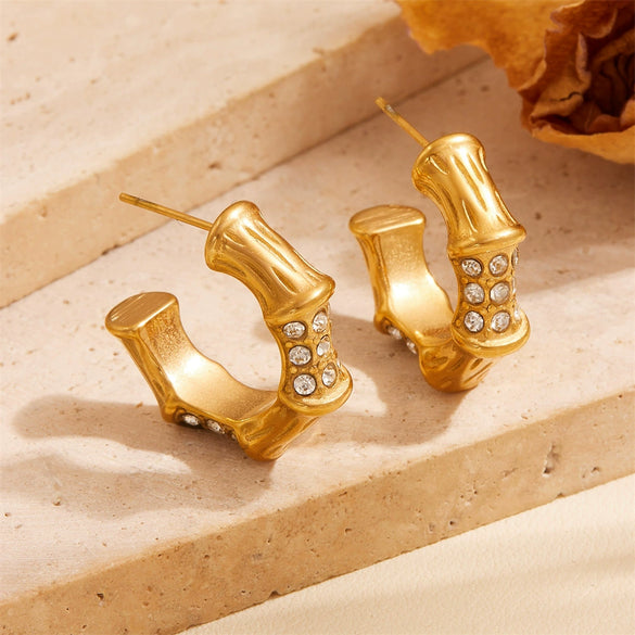 Titanium Steel Geometric Inlaid Zircon Oval Cartoon Earrings Gold Plated Vacuum Electroplated In Furnace