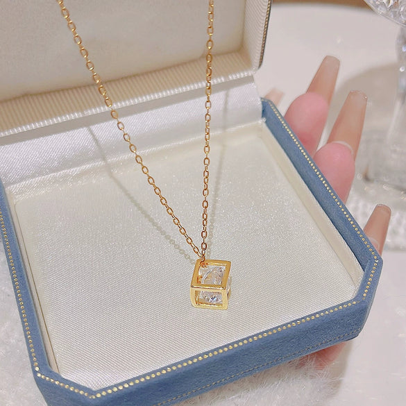 Titanium Steel Geometric Inlaid Zircon Women's Light Luxury Pendant Necklace