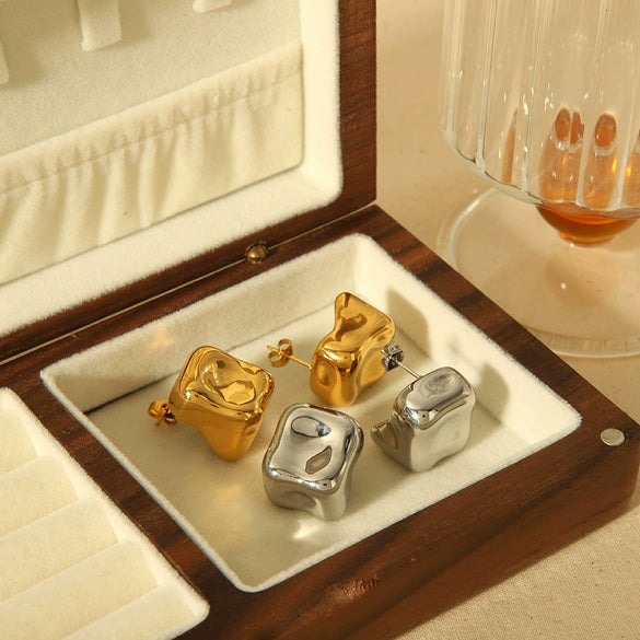 Titanium Steel Geometric Irregular Pleated Tofu Block Earrings For Women Electroplated