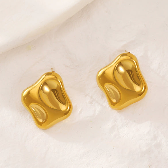 Titanium Steel Geometric Irregular Square Concave Ear Studs With Hammer Pattern And Electroplating For Women