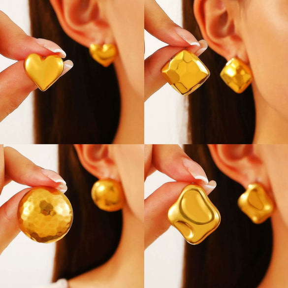 Titanium Steel Geometric Irregular Square Concave Ear Studs With Hammer Pattern And Electroplating For Women