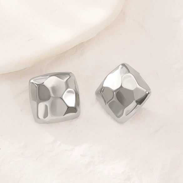 Titanium Steel Geometric Irregular Square Concave Ear Studs With Hammer Pattern And Electroplating For Women