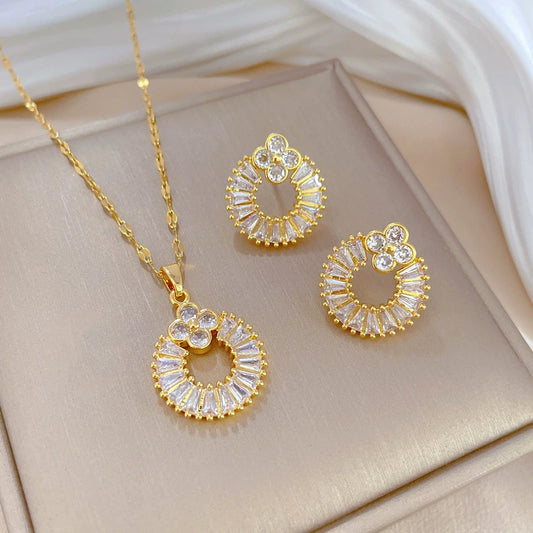 Titanium Steel Geometric Jewelry Set With Microinlaid And Electroplating For Women