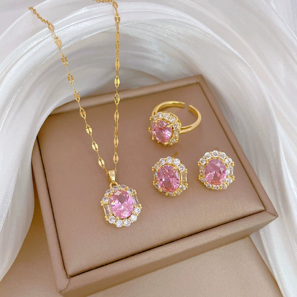 Titanium Steel Geometric Light Luxury Elegant Women's Jewelry Set With Electroplating Necklace Earrings Ring