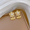 Titanium Steel Geometric Light Luxury Full Diamond Leaves Flower Earrings Necklace Set Electroplated