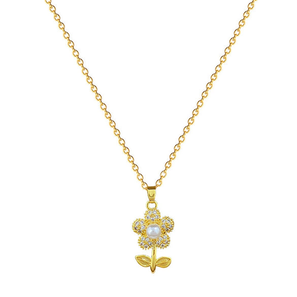 Titanium Steel Geometric Light Luxury Full Diamond Leaves Flower Earrings Necklace Set Electroplated