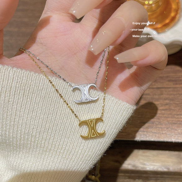 Titanium Steel Geometric Light Luxury Pendant Necklace For Women With Electroplating And Mixed Gemstone Setting