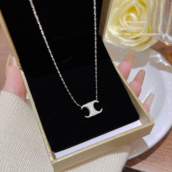 Titanium Steel Geometric Light Luxury Pendant Necklace For Women With Electroplating And Mixed Gemstone Setting
