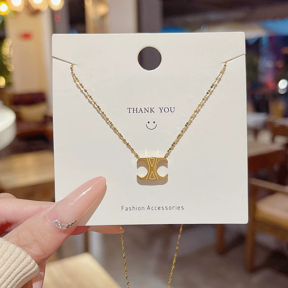 Titanium Steel Geometric Light Luxury Pendant Necklace For Women With Electroplating And Mixed Gemstone Setting
