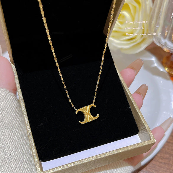 Titanium Steel Geometric Light Luxury Pendant Necklace For Women With Electroplating And Mixed Gemstone Setting