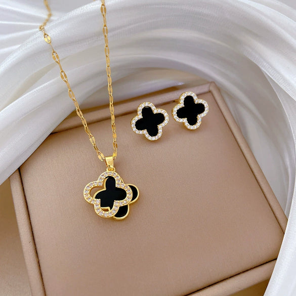 Titanium Steel Geometric Lucky Grass Jewelry Set With Electroplating For Women Minimalist Style