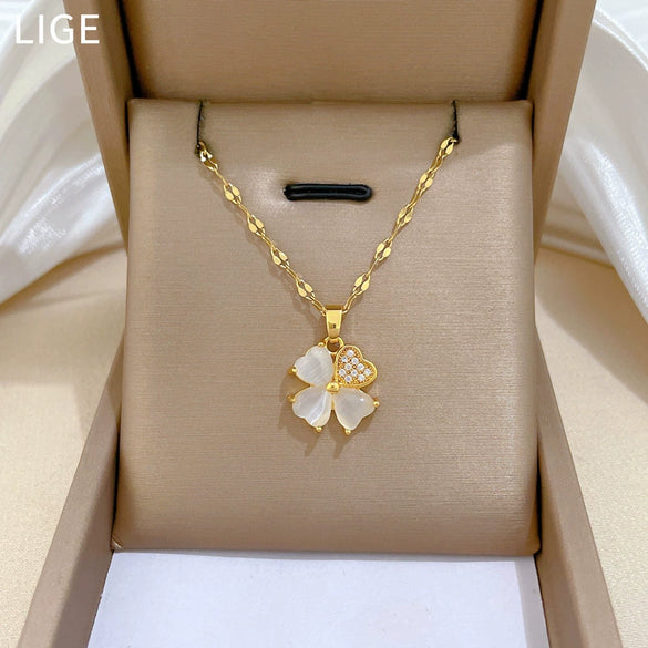 Titanium Steel Geometric Lucky Grass Microinlaid Real Gold Zircon Necklace Cartoon Style