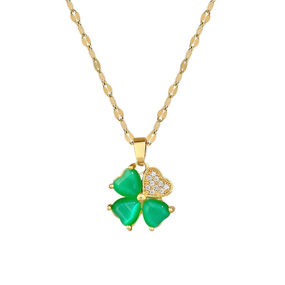 Titanium Steel Geometric Lucky Grass Microinlaid Real Gold Zircon Necklace Cartoon Style