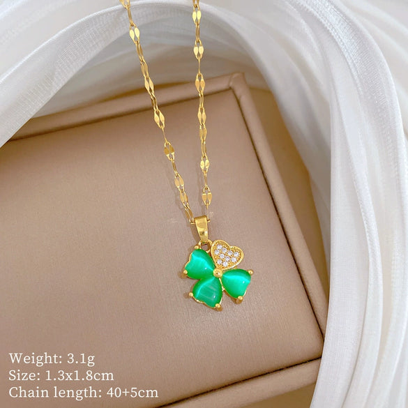 Titanium Steel Geometric Lucky Grass Microinlaid Real Gold Zircon Necklace Cartoon Style