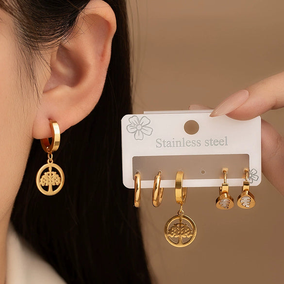 Titanium Steel Geometric Lucky Tree Earrings Set For Women With Electroplating Design Simple Style