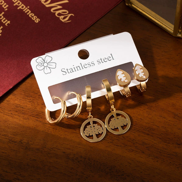 Titanium Steel Geometric Lucky Tree Earrings Set For Women With Electroplating Design Simple Style