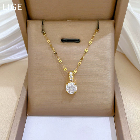 Titanium Steel Geometric Microinlaid Real Gold Zircon Necklace For Women