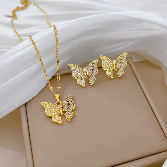 Titanium Steel Geometric Microinlaid Women's Necklace Earrings Set With Electroplating