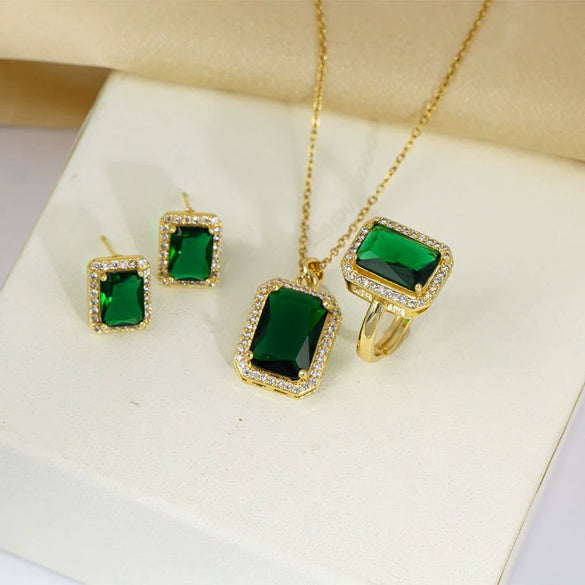 Titanium Steel Geometric Mixed Gemstone Pendant Jewelry Set With O Word Chain Electroplating Light Luxury Style