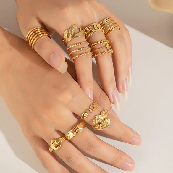 Titanium Steel Geometric Multilayer Ring With Heart Shape Flower Leaves Letters Numbers Text Pattern 18K Gold Plated Open Adjustable Style