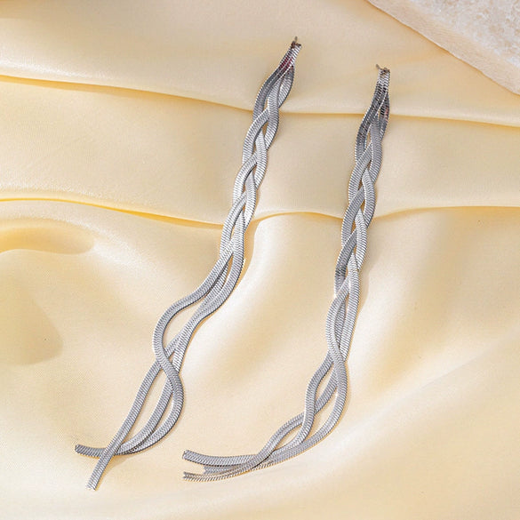 Titanium Steel Geometric Niche Necklace With Long Tassel Snake Bone Chain And Earrings Luxury Style