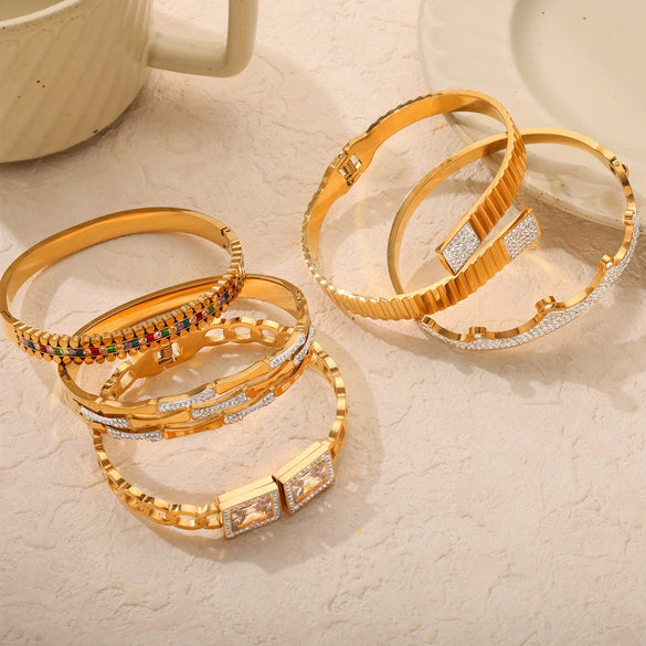 316L Stainless Steel Geometric Niche Retro Jewelry Plated 18K Gold Bracelet Inlaid With Colored Diamond