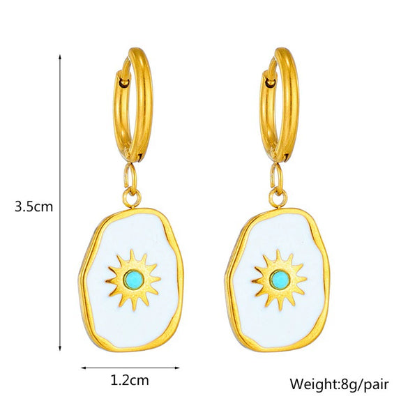 Titanium Steel Geometric Oil Dripping Sunflower Pendant Earrings For Women With Electroplating