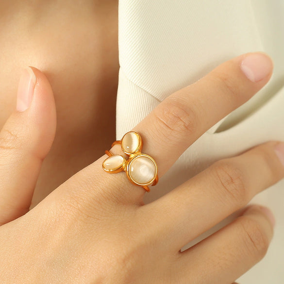 316L Stainless Steel Geometric Open Ring Inlaid With Cat's Eye Electroplated For Women