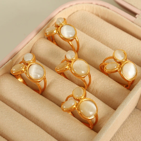 316L Stainless Steel Geometric Open Ring Inlaid With Cat's Eye Electroplated For Women