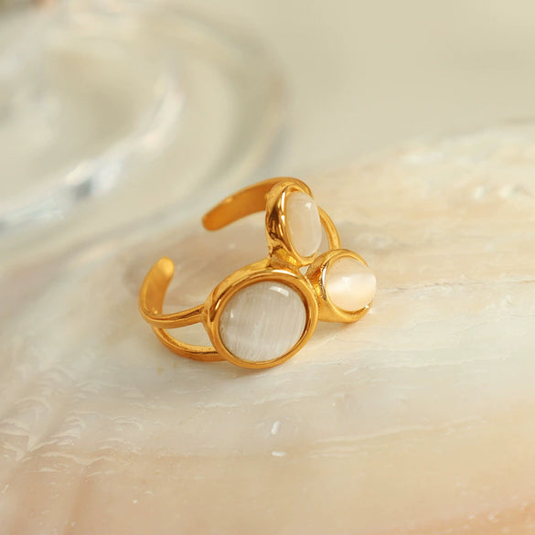 316L Stainless Steel Geometric Open Ring Inlaid With Cat's Eye Electroplated For Women
