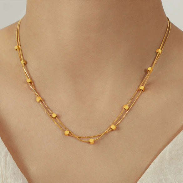 316L Stainless Steel Geometric Pattern Fashion Clip Bead Chain Double Layer Clavicle Necklace