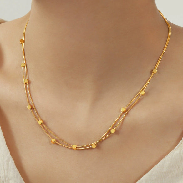 316L Stainless Steel Geometric Pattern Fashion Clip Bead Chain Double Layer Clavicle Necklace