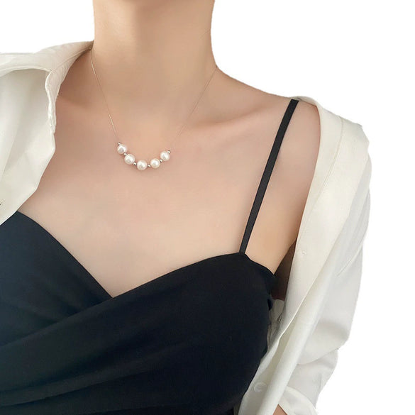 Titanium Steel Geometric Pearl Pendant Necklace For Women Light Luxury Snake Bone Chain