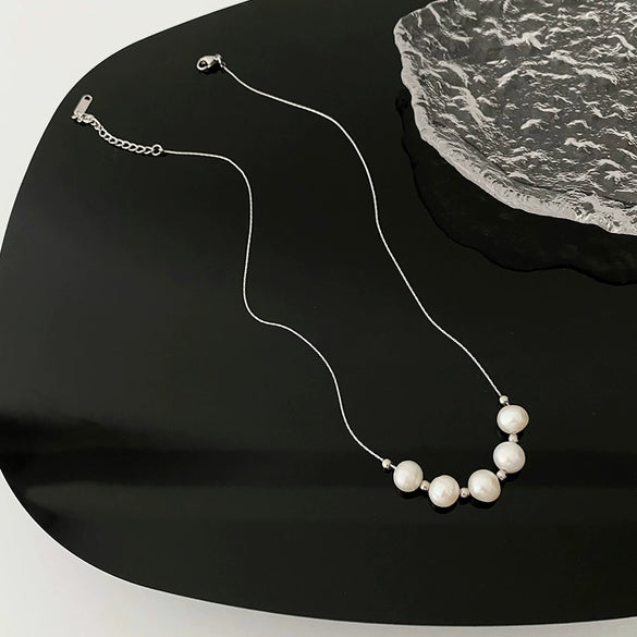 Titanium Steel Geometric Pearl Pendant Necklace For Women Light Luxury Snake Bone Chain