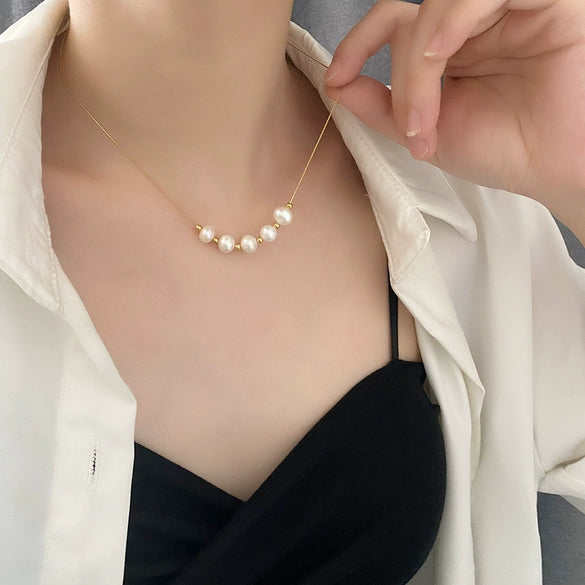 Titanium Steel Geometric Pearl Pendant Necklace For Women Light Luxury Snake Bone Chain